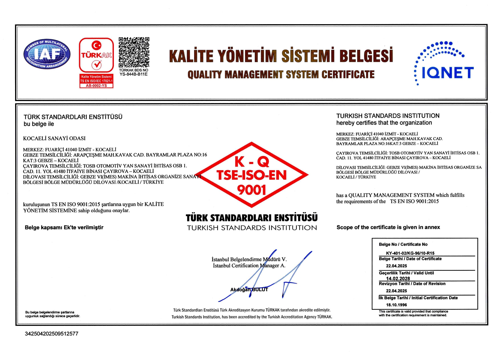 ISO 9001 Kalite Yönetim Sistemi Belgesi